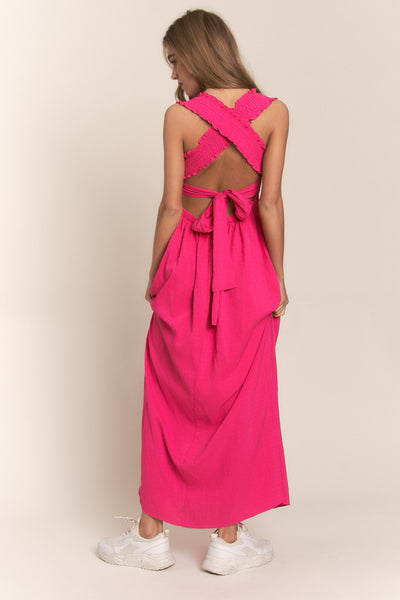 Textured Crisscross Tie Back Smocked Maxi Dress in Fuchsia Southern Soul Collectives