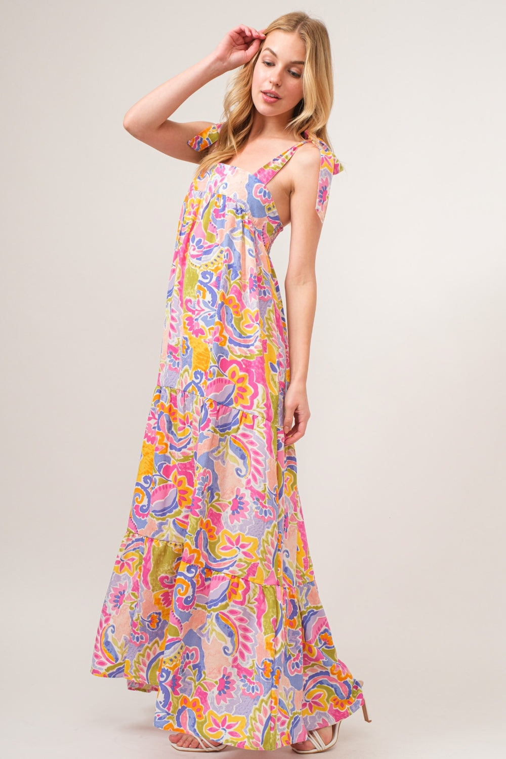 And The Why Full Size Printed Tie Shoulder Tiered Maxi Dress Southern Soul Collectives