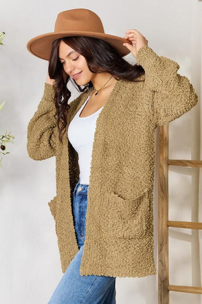 Falling For You Open Front Popcorn Cardigan with Pockets in Khaki