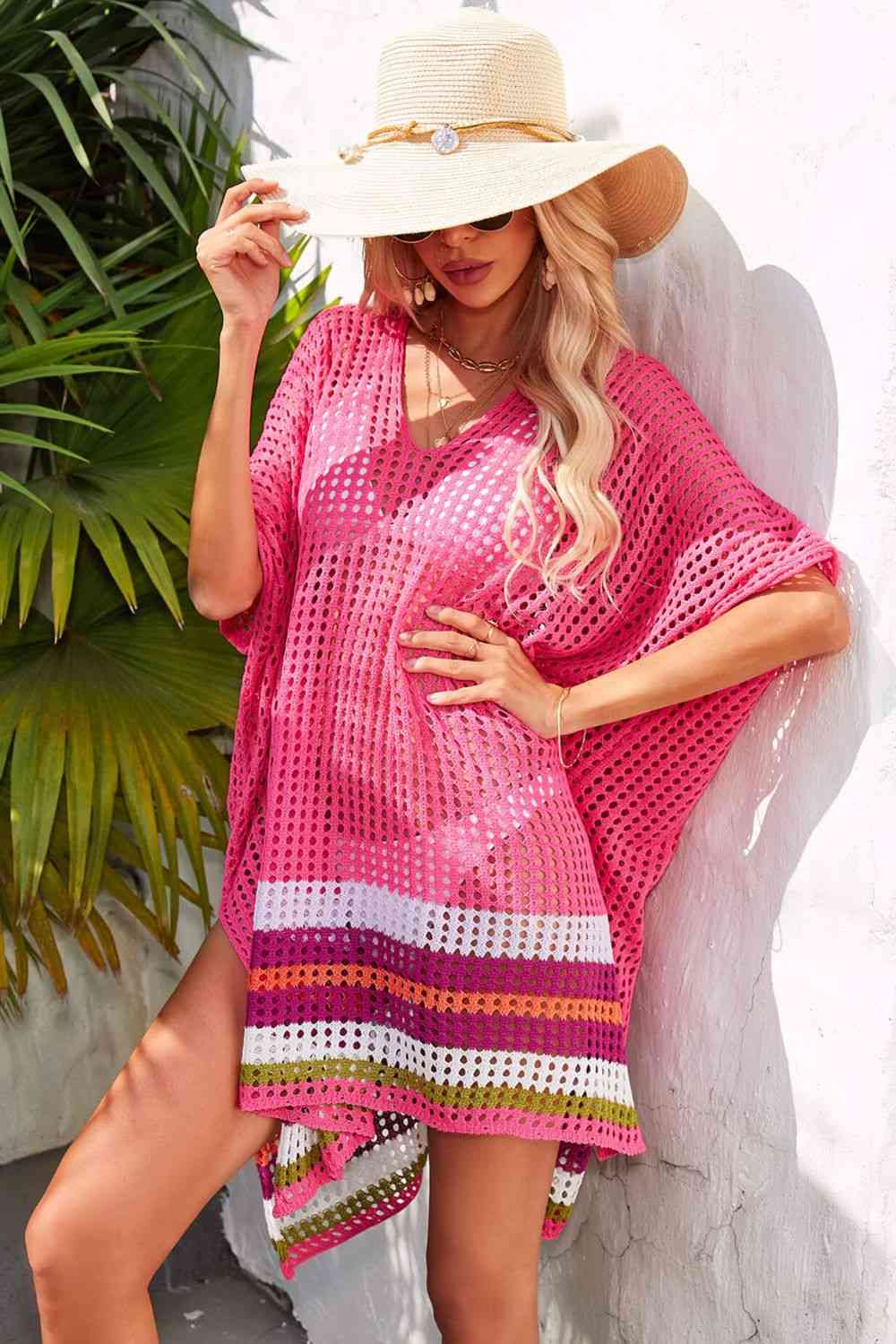 Rainbow Stripe Openwork Slit Cover-Up  Southern Soul Collectives