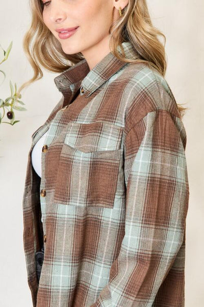 Plaid Dropped Shoulder Button Up Shirt in Olive Brown - Southern Soul Collectives