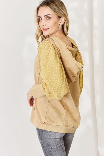 Mineral Wash Cotton Gauze Balloon Sleeve Terry Hoodie in Yellow Clay  Southern Soul Collectives