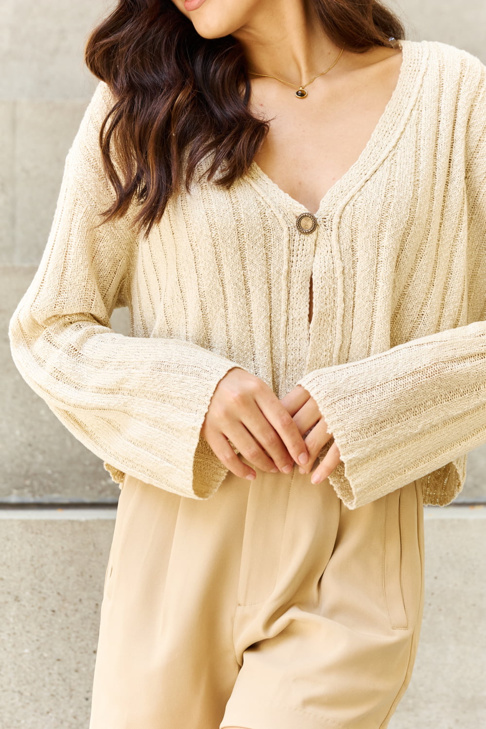 POL Hear Me Out Semi Cropped Ribbed Cardigan in Oatmeal  Southern Soul Collectives 