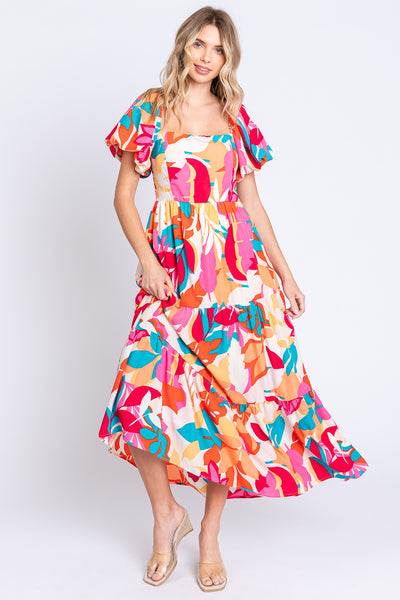 Bold Print Smocked Back Puff Sleeve Tiered Maxi Dress Southern Soul Collectives