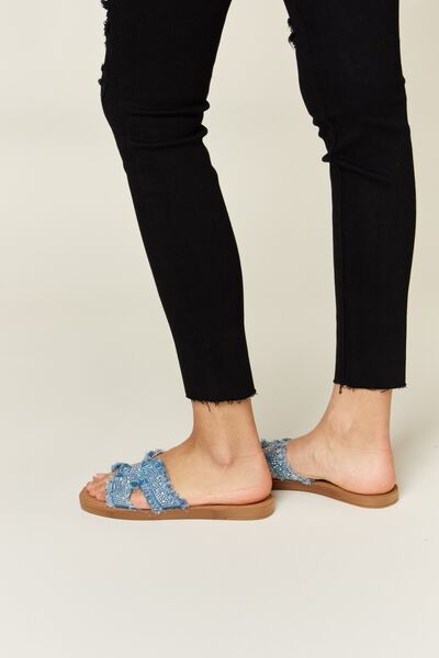 Raw Trim Denim and Rhinestone H-Band Flat Sandals  Southern Soul Collectives