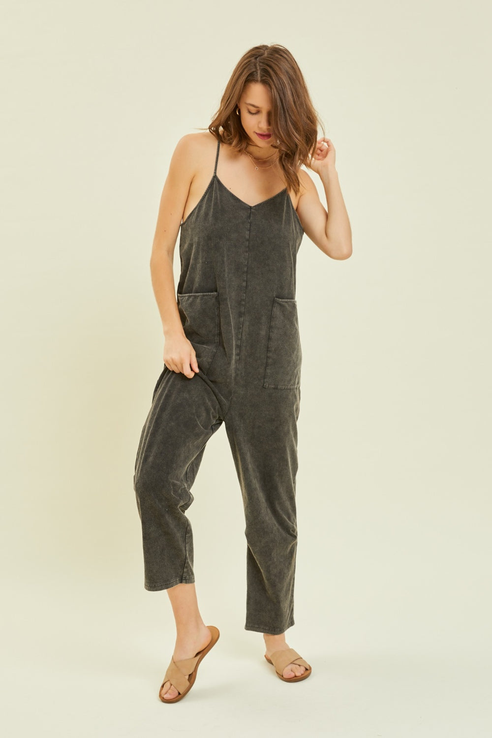 Black Mineral-Washed Oversized Jumpsuit with Pockets Southern Soul Collectives