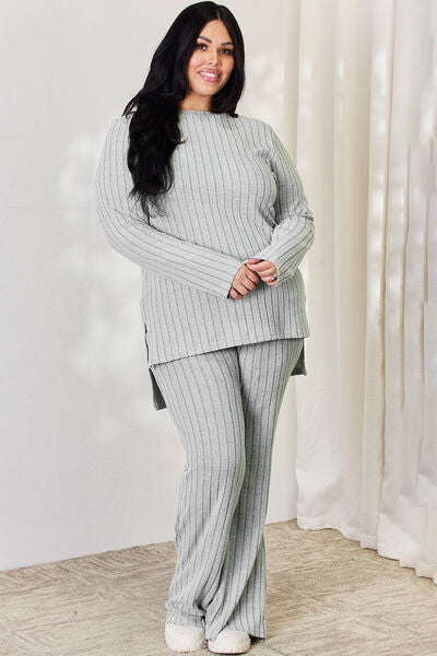 Basic Bae Full Size Ribbed High-Low Top and Wide Leg Pants Set  Southern Soul Collectives