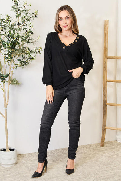 Waffle Knit Buttoned Collar Long Sleeve Top in Black - Southern Soul Collectives