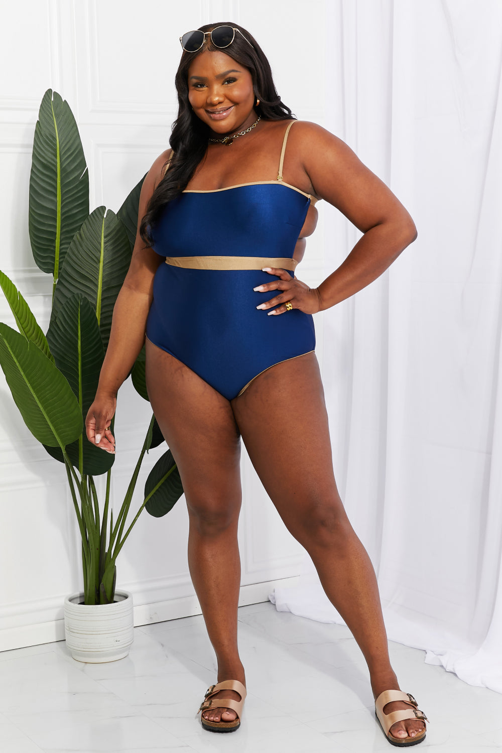 Swim Wave Break Contrast Trim One-Piece Swimsuit  In Navy  Southern Soul Collectives 