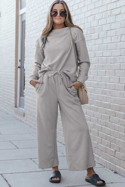 Textured Long Sleeve Top and Drawstring Wide Leg Pants Set in Multiple Colors  Southern Soul Collectives