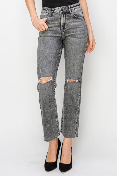 RISEN High Waist Distressed Straight Jeans in Acid Black  Southern Soul Collectives