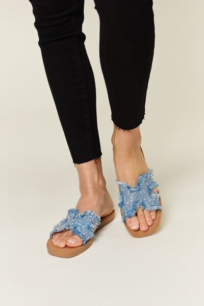 Raw Trim Denim and Rhinestone H-Band Flat Sandals  Southern Soul Collectives