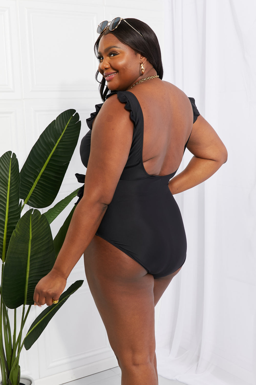 Float On Ruffle Faux Wrap One-Piece Swimsuit in Black  Southern Soul Collectives 