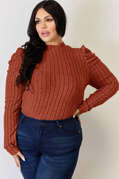 Basic Bae Full Size Ribbed Mock Neck Puff Sleeve T-Shirt  Southern Soul Collectives