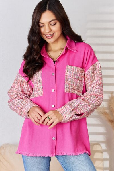 Tweed Detailed Button Down Raw Hem Shacket in Fuchsia  Southern Soul Collectives