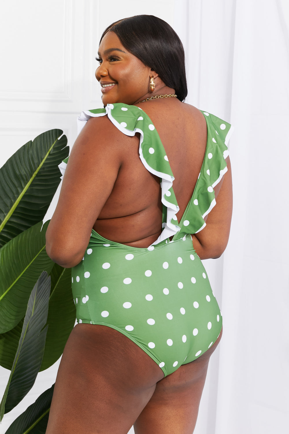 Moonlit Dip Ruffle Plunge One-Piece Swimsuit in Green Polka Dot  Southern Soul Collectives 