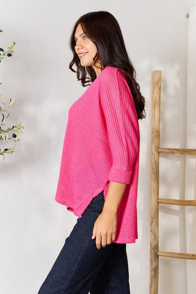Easy Does It Round Neck High-Low Slit Knit Top in Pink