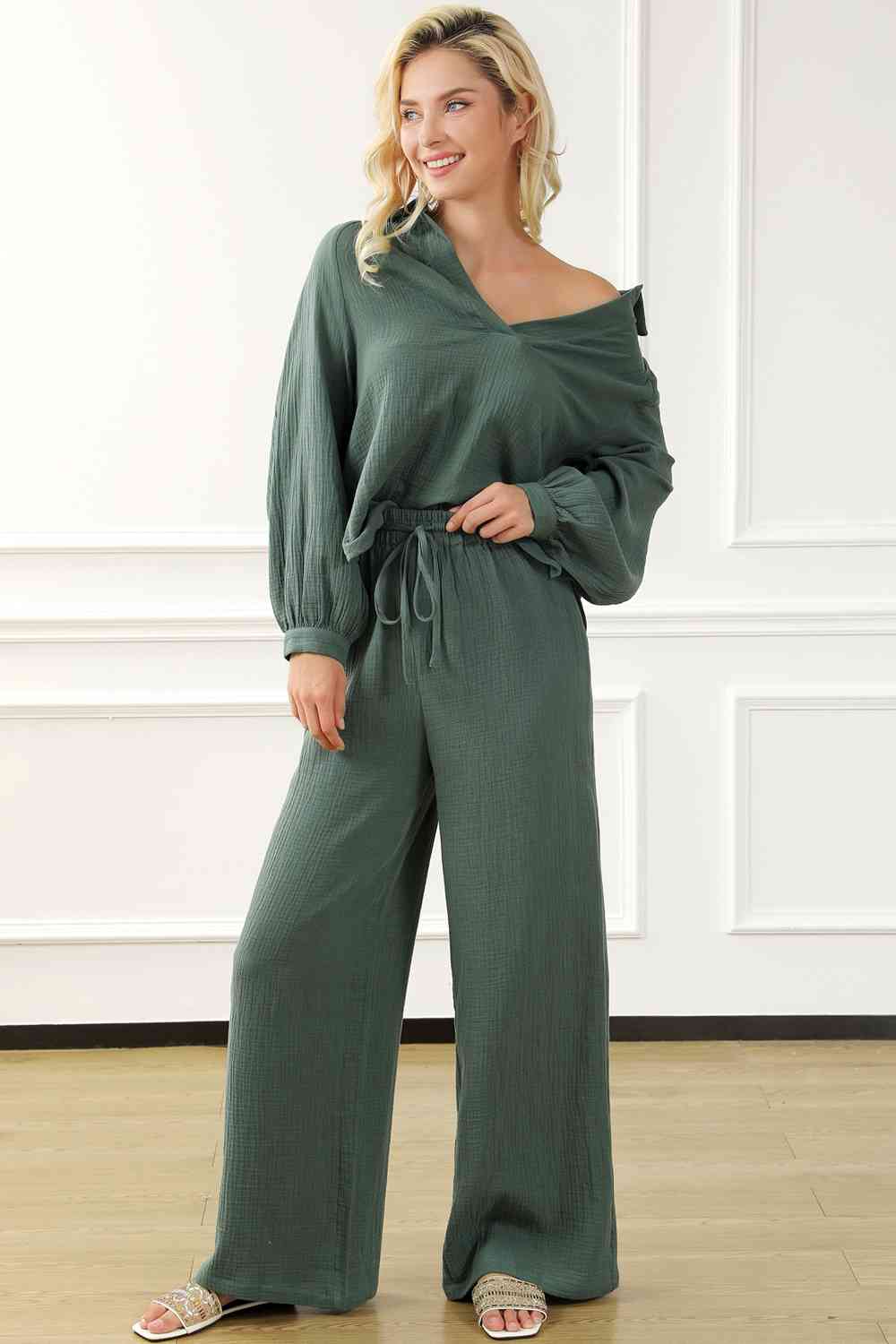 Collared Neck Top and Drawstring Pants Set  Southern Soul Collectives
