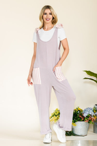 Celeste Full Size Stripe Contrast Pocket Rib Jumpsuit  Southern Soul Collectives