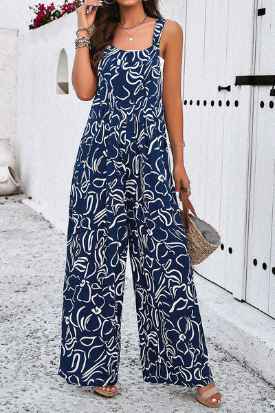 Printed Wide Strap Jumpsuit with Pockets  Southern Soul Collectives