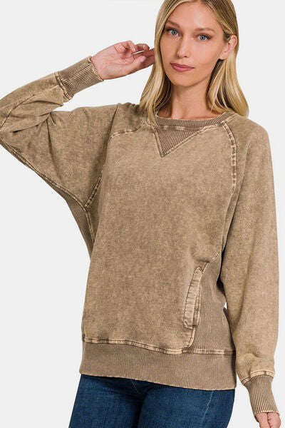 Zenana Pocketed Round Neck Sweatshirt  Southern Soul Collectives