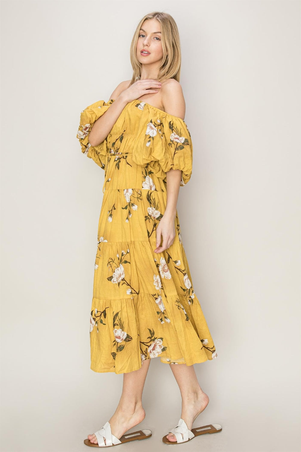 Floral Puff Sleeve Tiered Dress in Yellow Mustard  Southern Soul Collectives