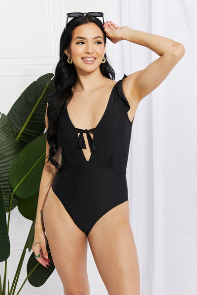 Swim Seashell Ruffle Sleeve One-Piece Swimsuit in Black  Southern Soul Collectives 