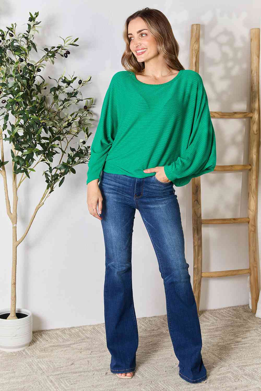 Round Neck Dolman Sleeve Ribbed Knit Blouse in Green - Southern Soul Collectives