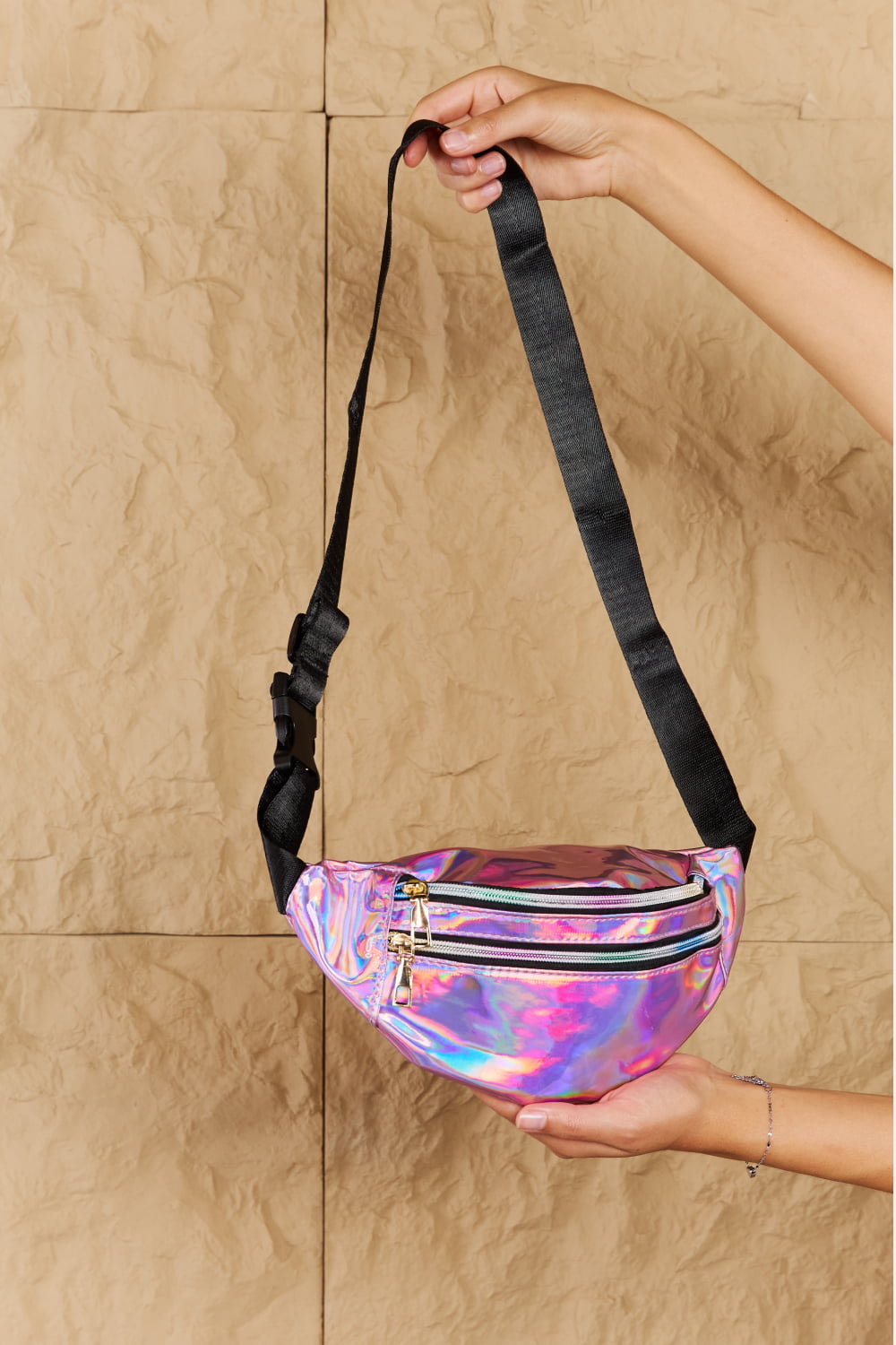 Fame Good Vibrations Holographic Double Zipper Fanny Pack in Hot Pink  Southern Soul Collectives 