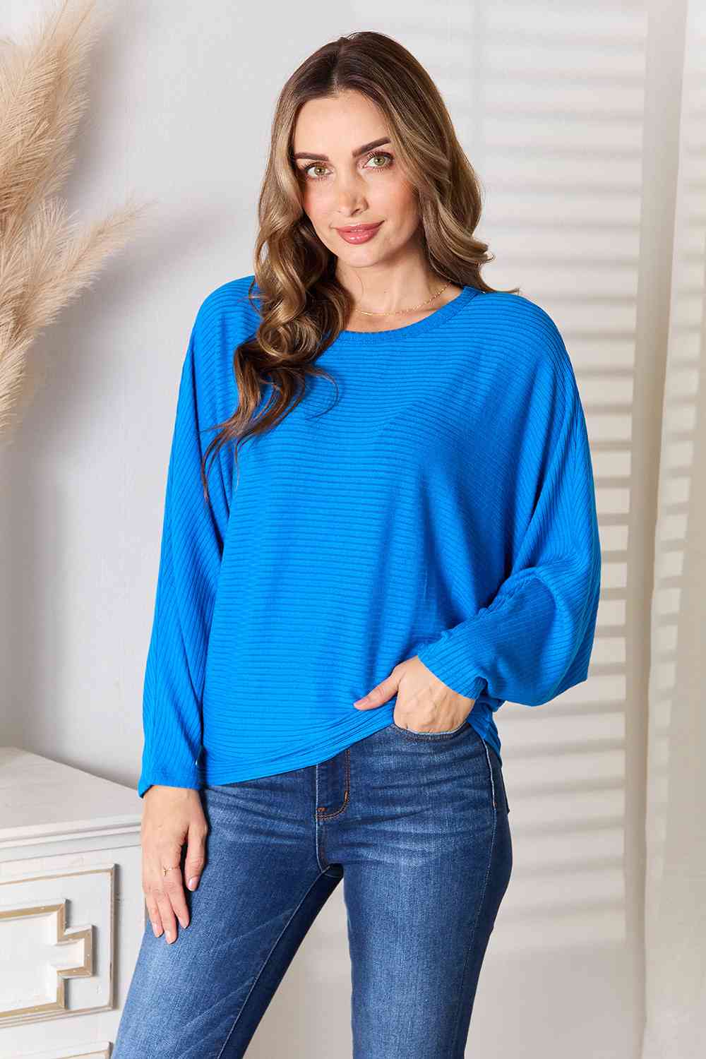 Round Neck Dolman Sleeve Ribbed Knit Blouse in Cobalt Blue - Southern Soul Collectives