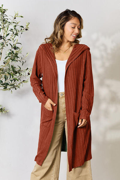 Basics Ribbed Open Front Long Sleeve Hooded Cardigan with Pockets in Multiple Colors  Southern Soul Collectives