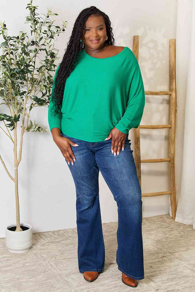 Round Neck Dolman Sleeve Ribbed Knit Blouse in Green - Southern Soul Collectives