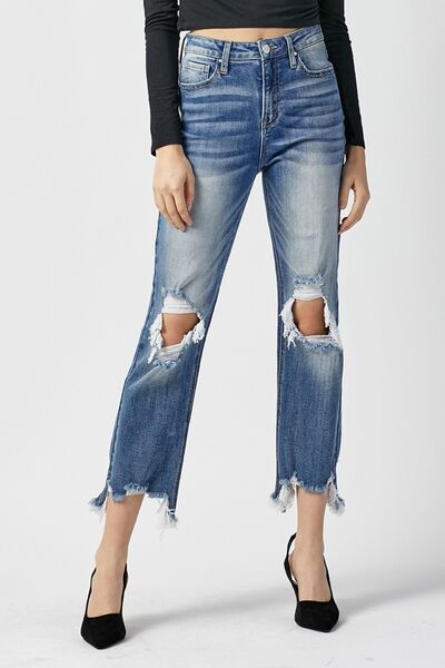 RISEN High Waist Distressed Frayed Hem Cropped Straight Jeans  Southern Soul Collectives