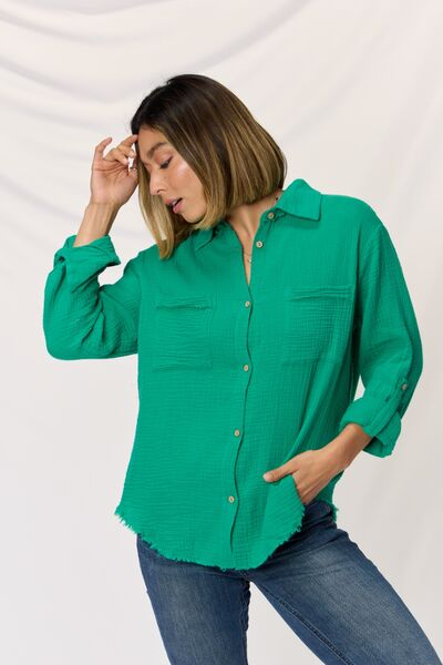 Texture Button Up Raw Hem Long Sleeve Shirt in Kelly Green  Southern Soul Collectives