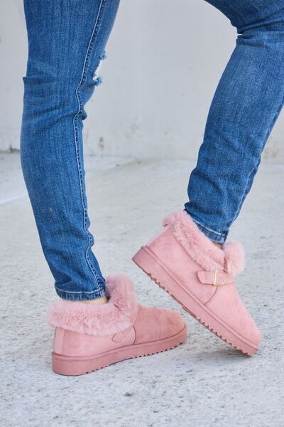 Pink Furry Chunky Thermal Buckle Detail Ankle Boots  Southern Soul Collectives