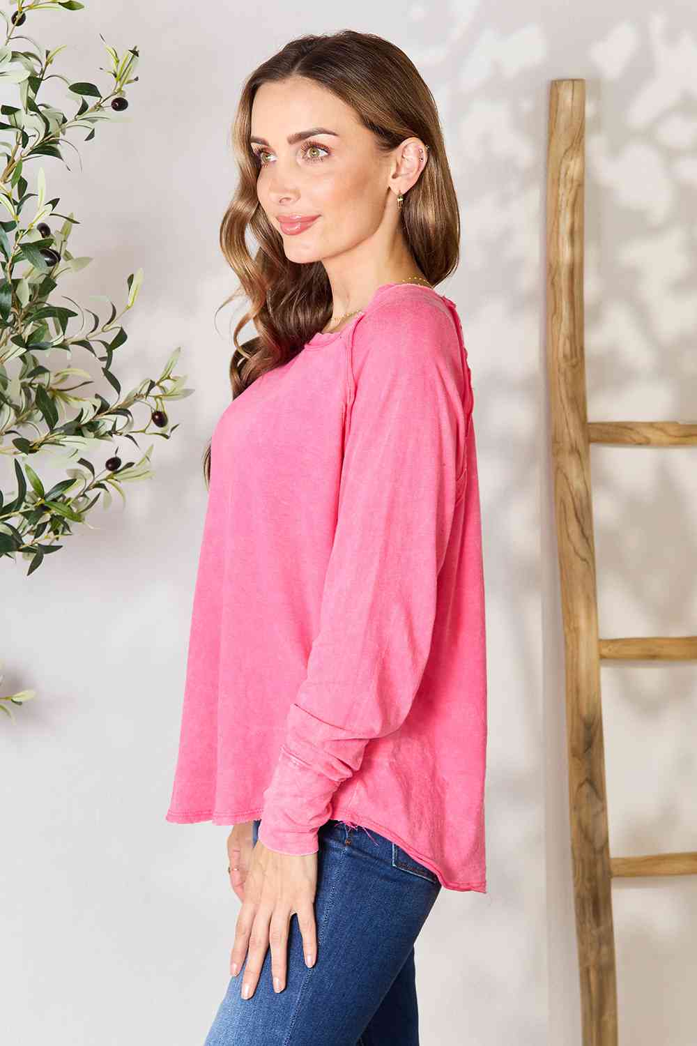 Raw Hem Round Neck Long Sleeve Top with Thumb Holes in Pink