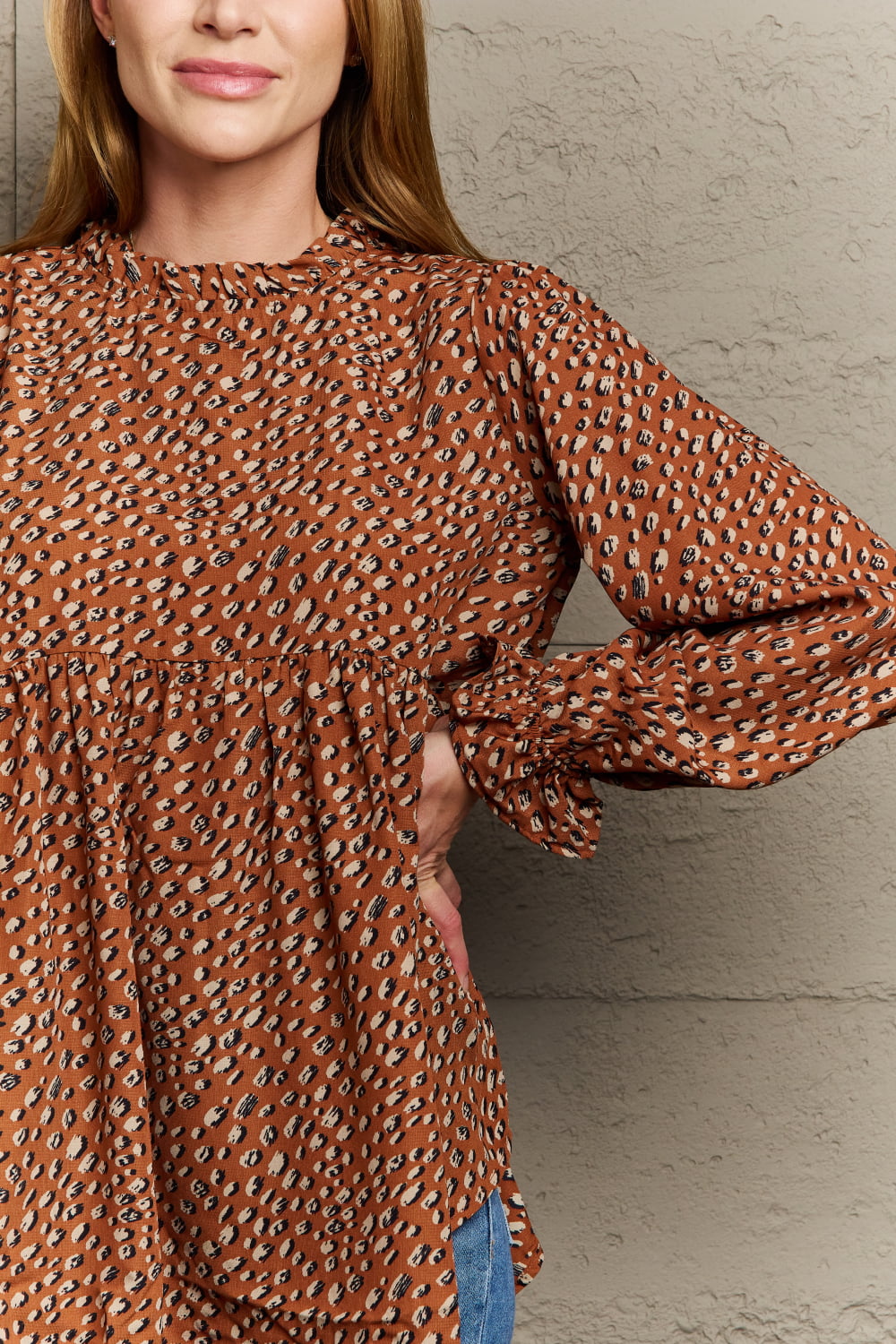 Amaze Me Ruffle Detail Polka Dot Top in Chestnut  Southern Soul Collectives 