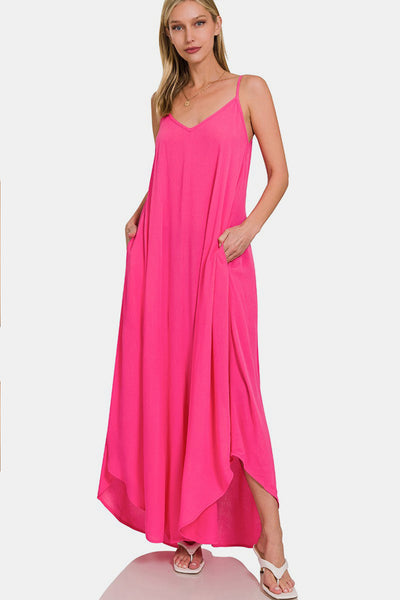 Woven Cami Maxi Dress with Side Pockets in Fuchsia  Southern Soul Collectives
