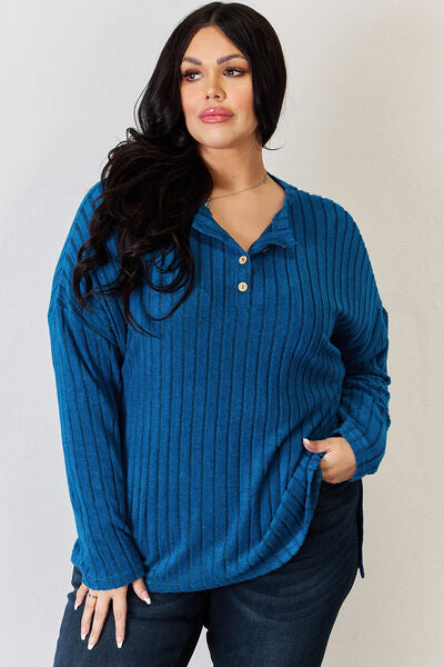 Basic Bae Full Size Ribbed Half Button Long Sleeve High-Low T-Shirt  Southern Soul Collectives