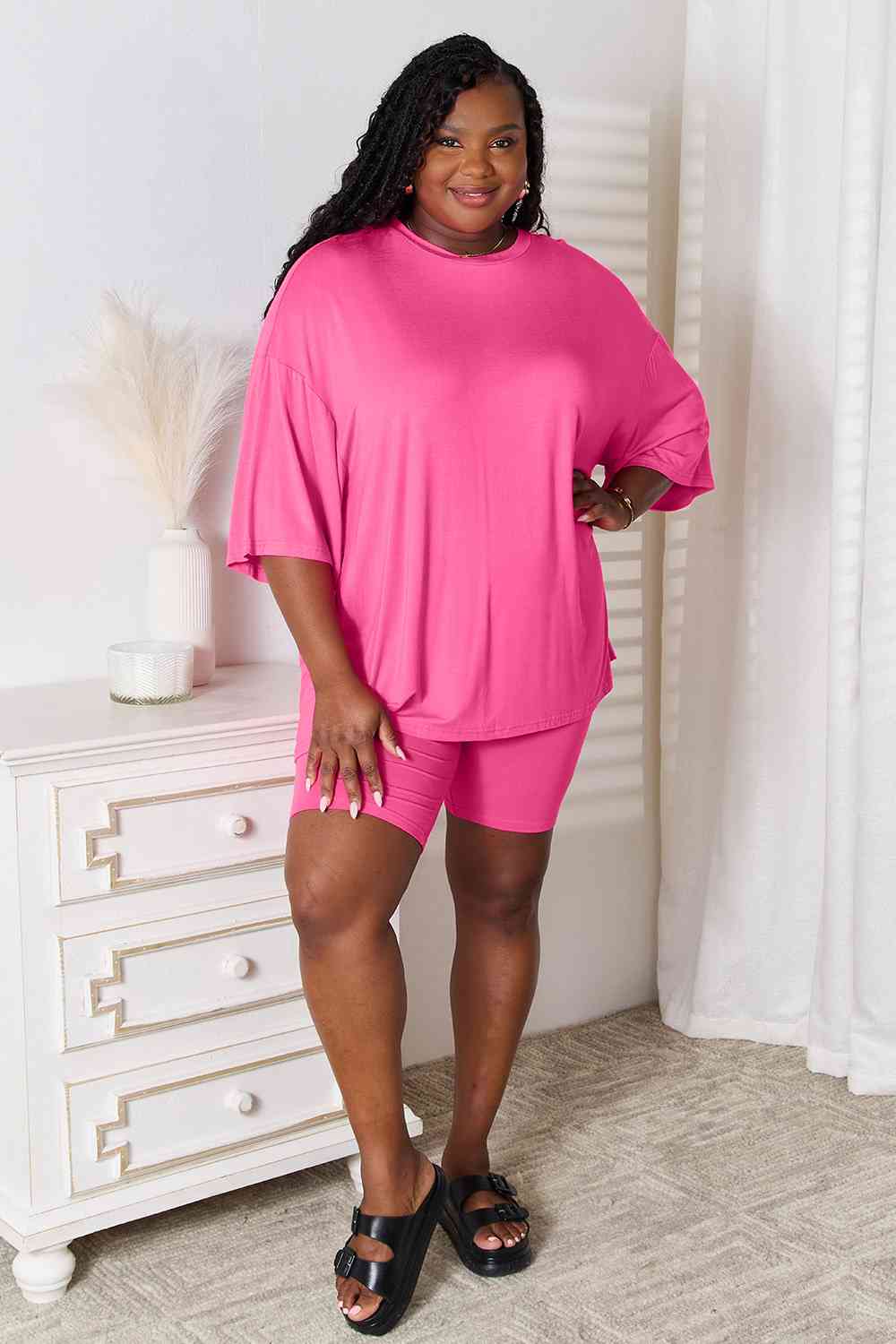 Basic Bae Full Size Soft Rayon Three-Quarter Sleeve Top and Shorts Set  Southern Soul Collectives