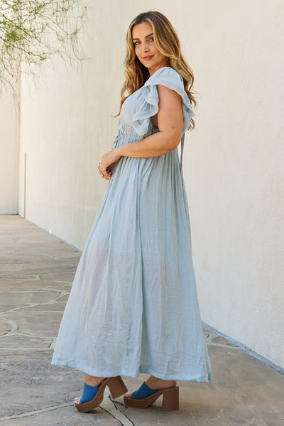 Drawstring Deep V Butterfly Sleeve Maxi Dress in Misty Blue  Southern Soul Collectives 