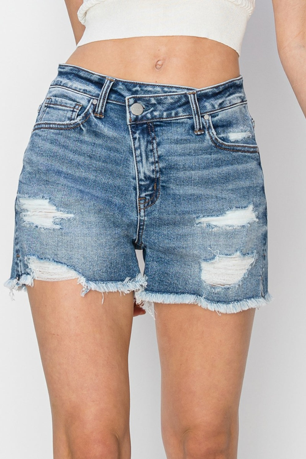 RISEN Stepped Waist Frayed Denim Shorts Southern Soul Collectives