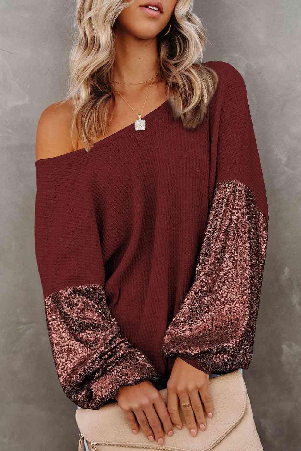Sequin Sleeve Waffle-Knit Crisscross Open Back Blouse in Multiple Colors - Southern Soul Collectives