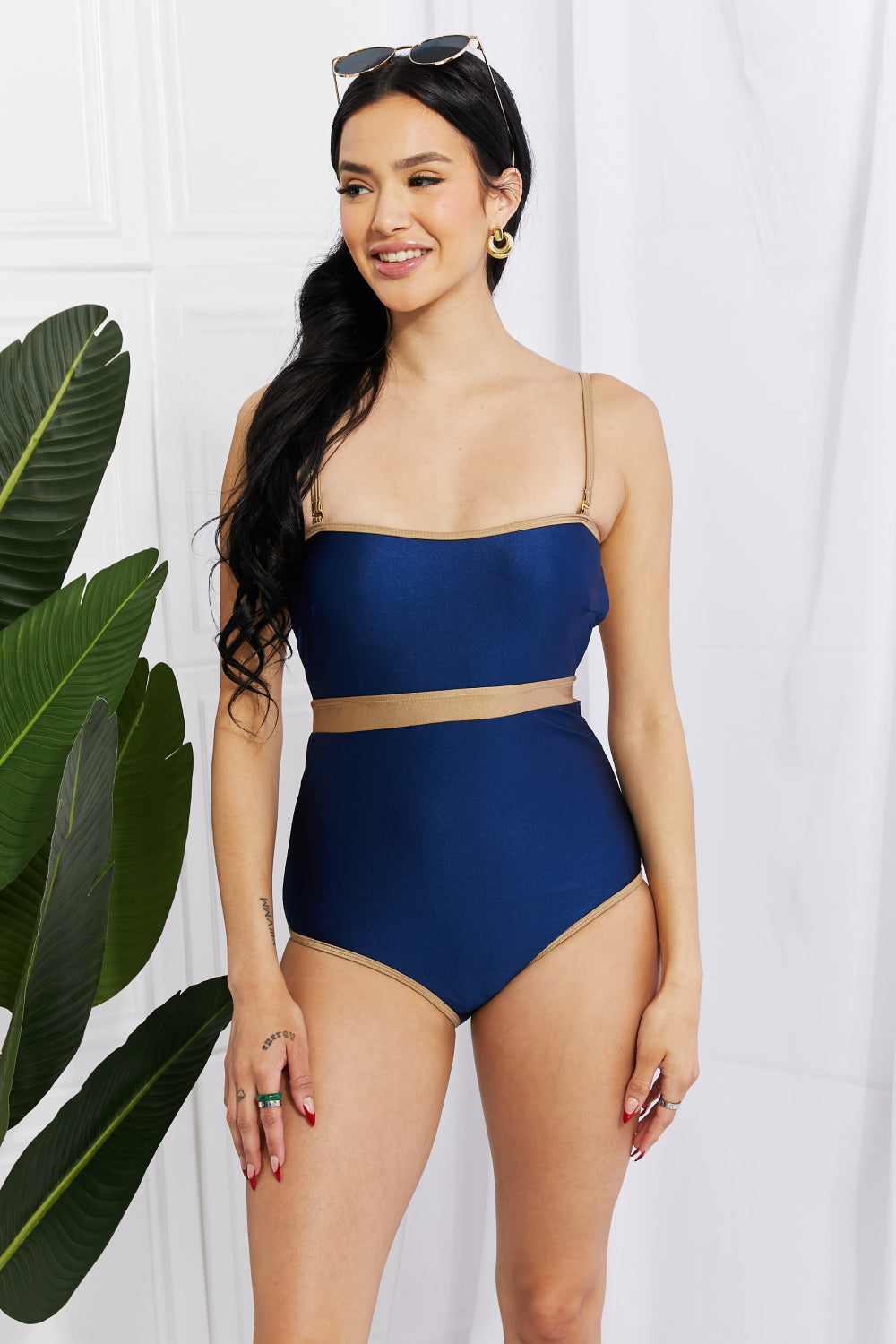 Swim Wave Break Contrast Trim One-Piece Swimsuit  In Navy  Southern Soul Collectives 