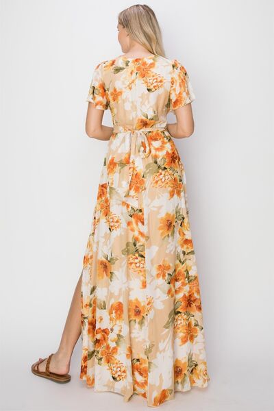 Floral Tie Back Short Sleeve Slit Maxi Dress in Peachy Orange  Southern Soul Collectives