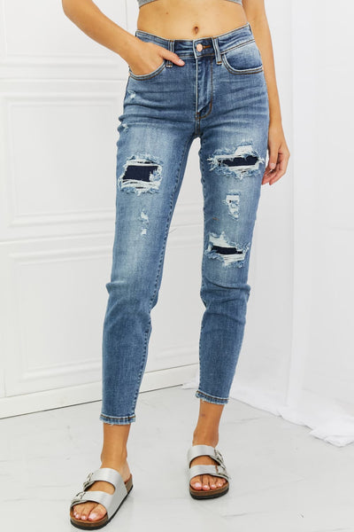 Judy Blue Dahlia Full Size Distressed Patch Jeans  Southern Soul Collectives 