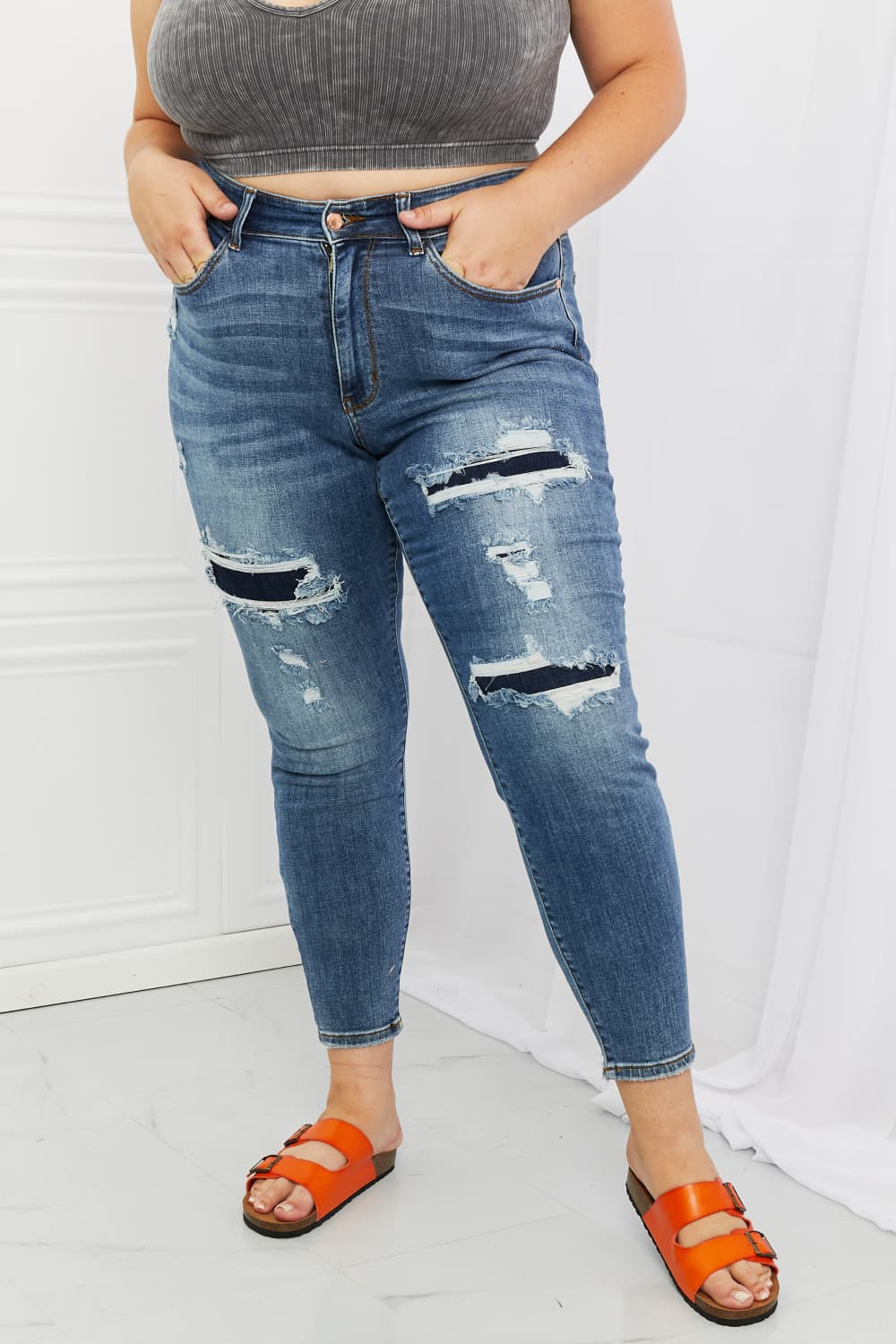 Judy Blue Dahlia Full Size Distressed Patch Jeans  Southern Soul Collectives 