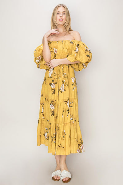 Floral Puff Sleeve Tiered Dress in Yellow Mustard  Southern Soul Collectives