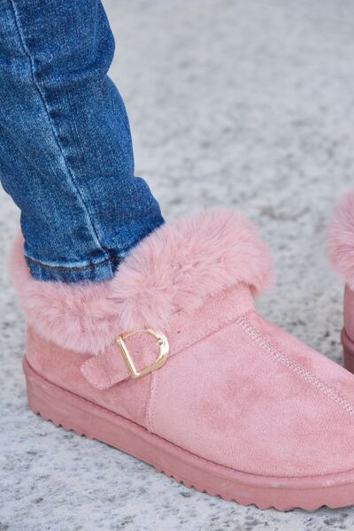 Pink Furry Chunky Thermal Buckle Detail Ankle Boots  Southern Soul Collectives