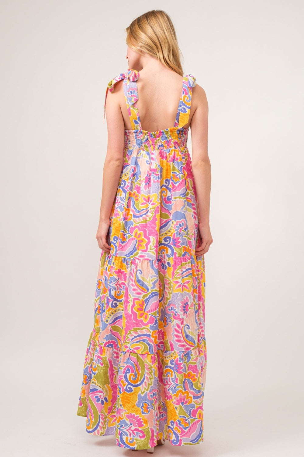 And The Why Full Size Printed Tie Shoulder Tiered Maxi Dress Southern Soul Collectives